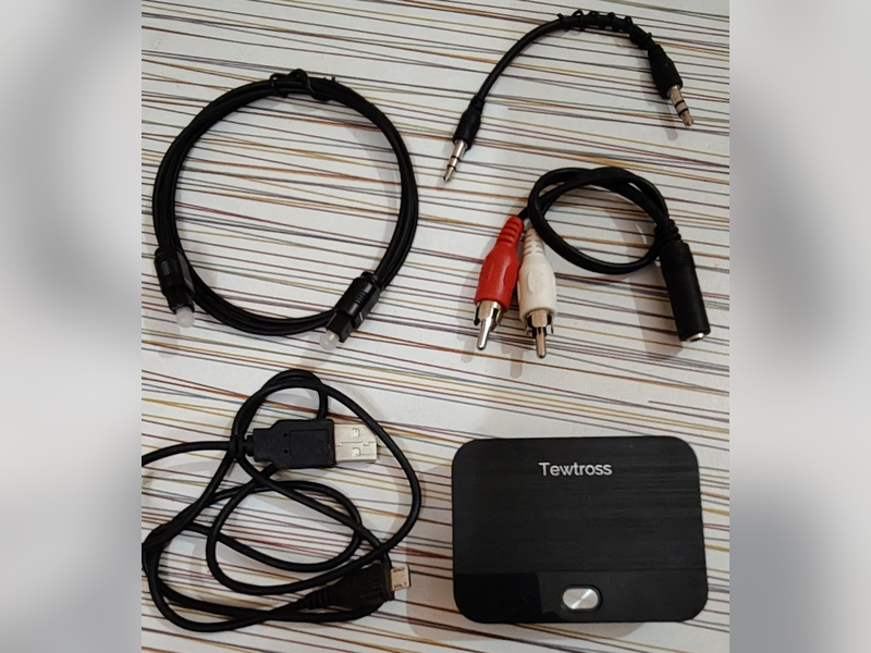 Tewtross Bluetooth Audio Transmitter Receiver Wireless Connector Adapter Battery Powered for TV, PC, Home Audio with Digital Optical SPDIF TOSLINK 3.5mm Aux RCA Connectivity Compatible with Low Latency Devices, with optical, 3.5 mm, RCA and USB cables